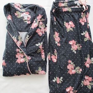 P.J. Salvage - Black With Pink Flowers Pajama Set- XS
